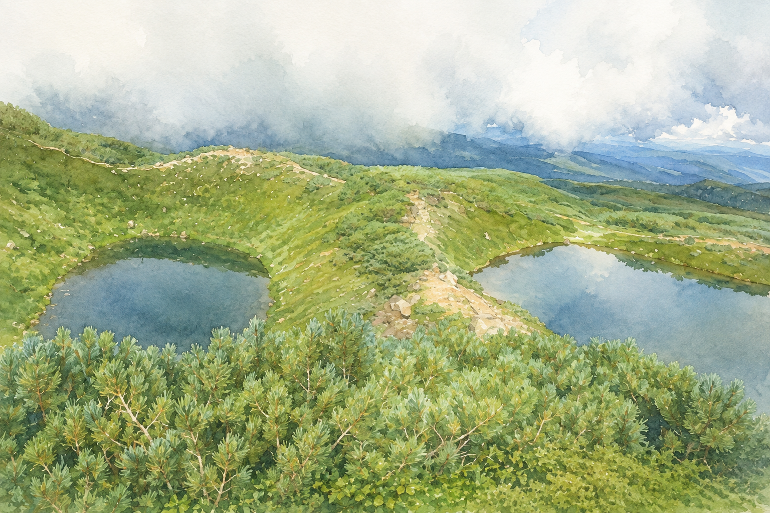 山の上にある二つの池と、雲のかかった尾根を描いた水彩画