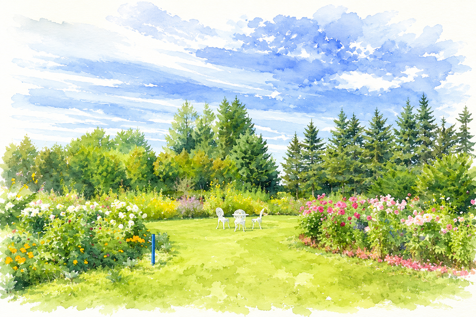 花壇と白い椅子のある庭を描いた水彩画