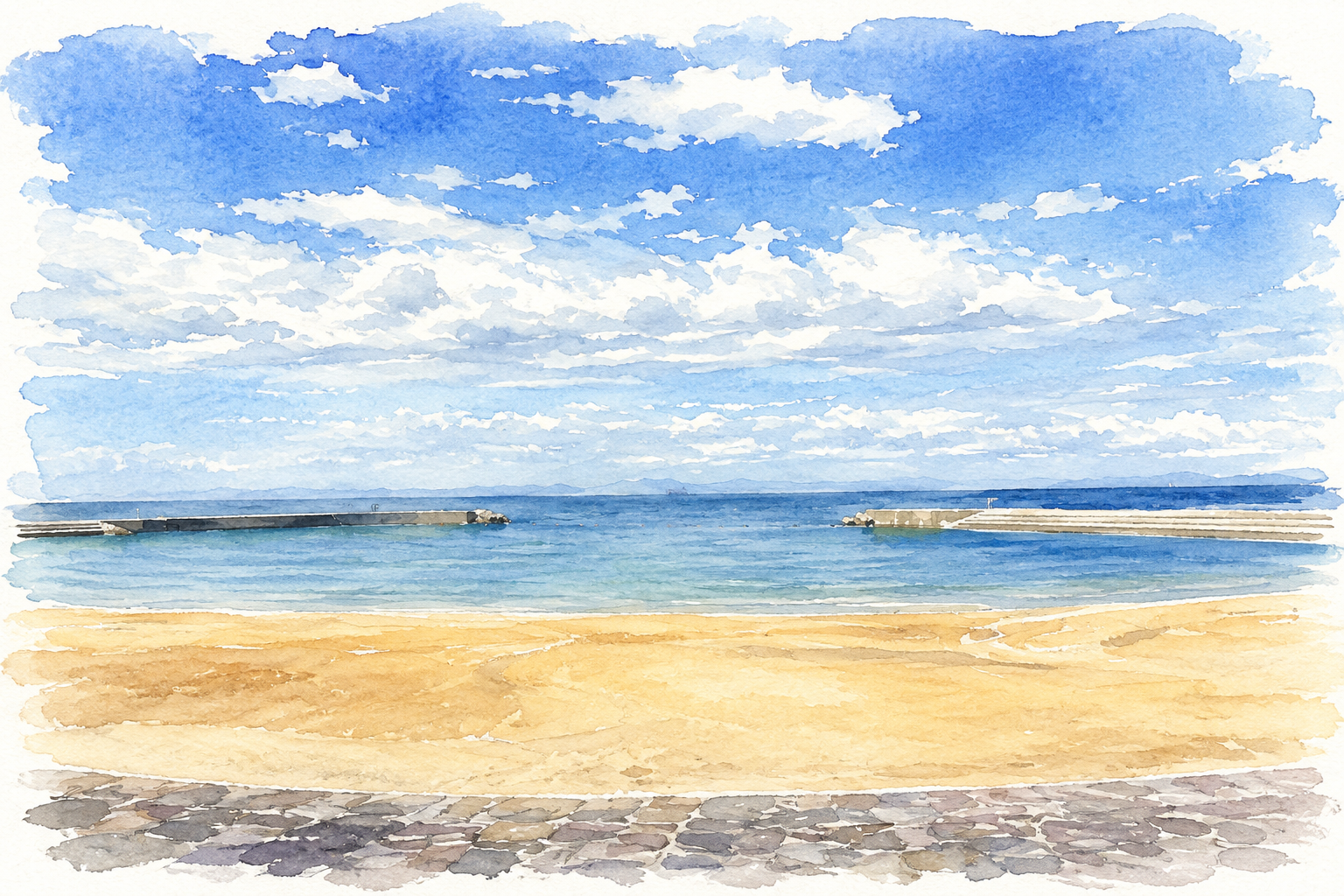 青空と雲の下、沖に防波堤が伸びる海と広い砂浜を描いた水彩画