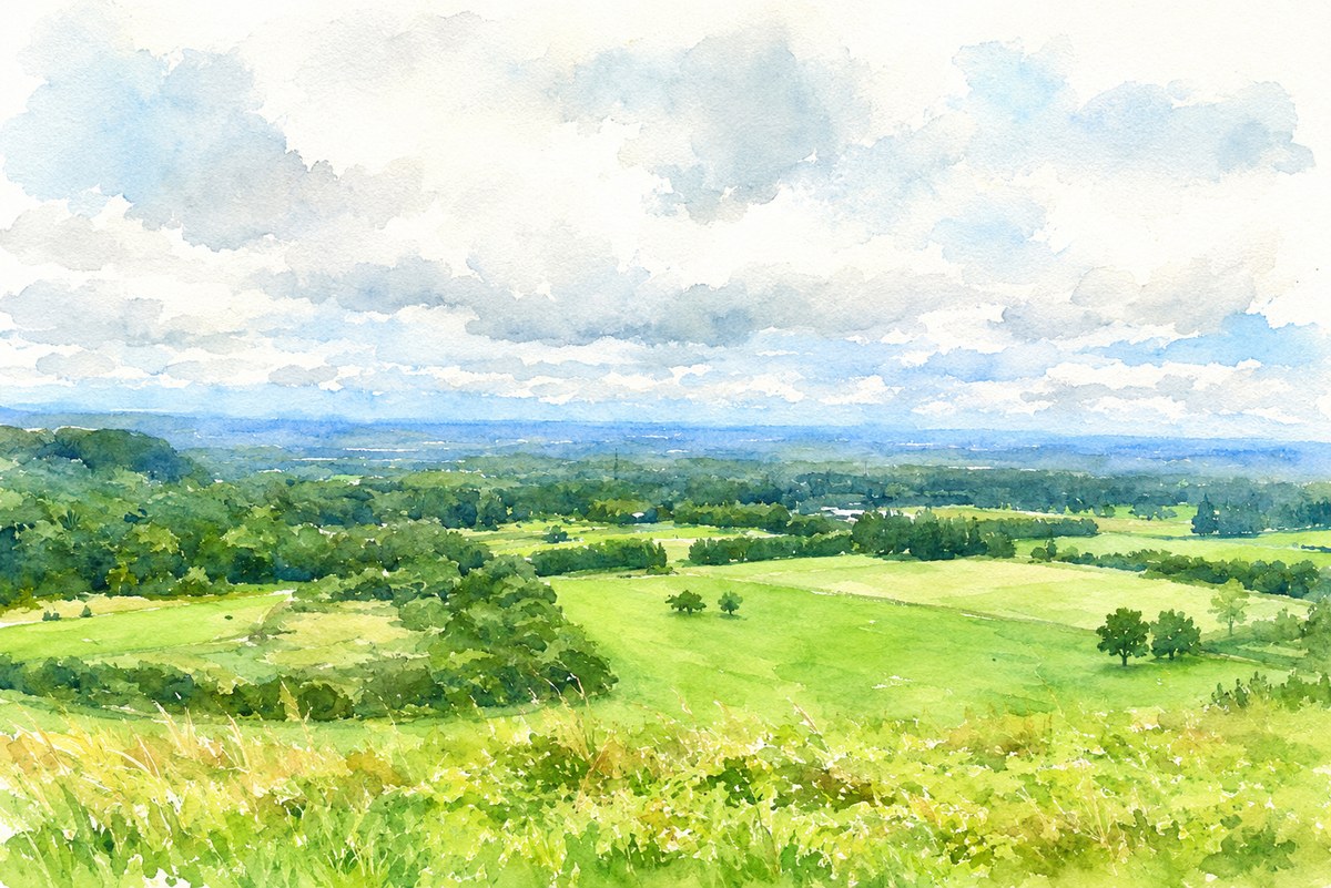 夏の田園風景を描いた水彩画