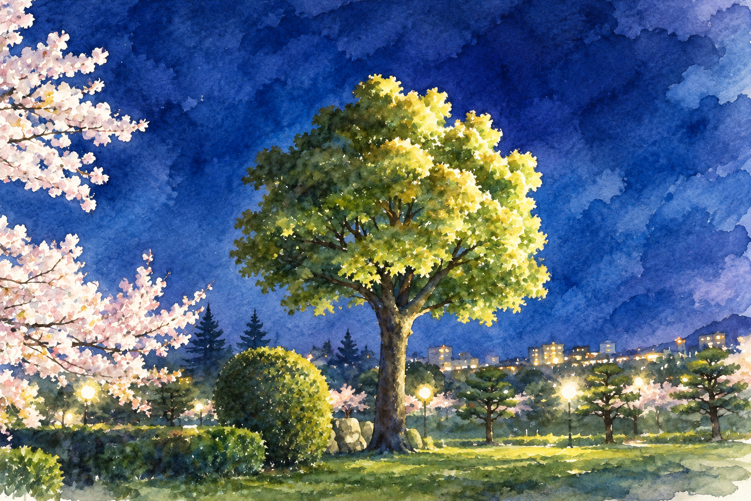 春の夜の公園を描いた水彩画。ライトに照らされた大きな木と、満開の桜、遠くの街あかり