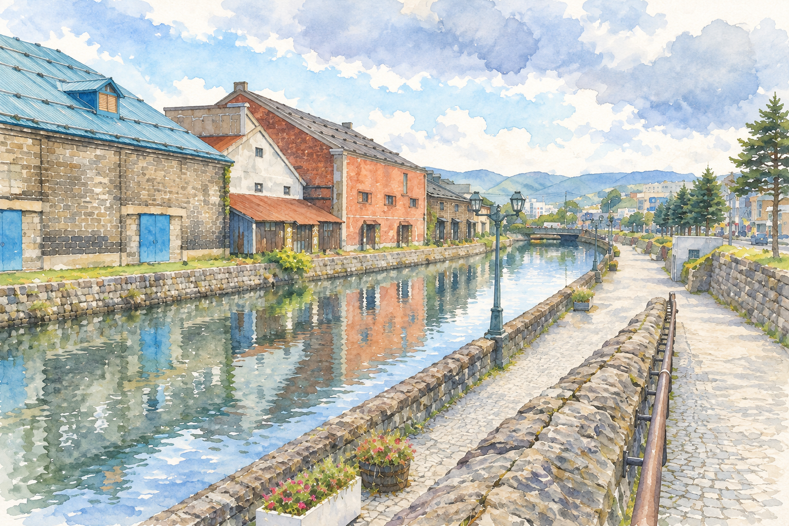 石造りの倉庫が並ぶ運河と遊歩道を描いた水彩画