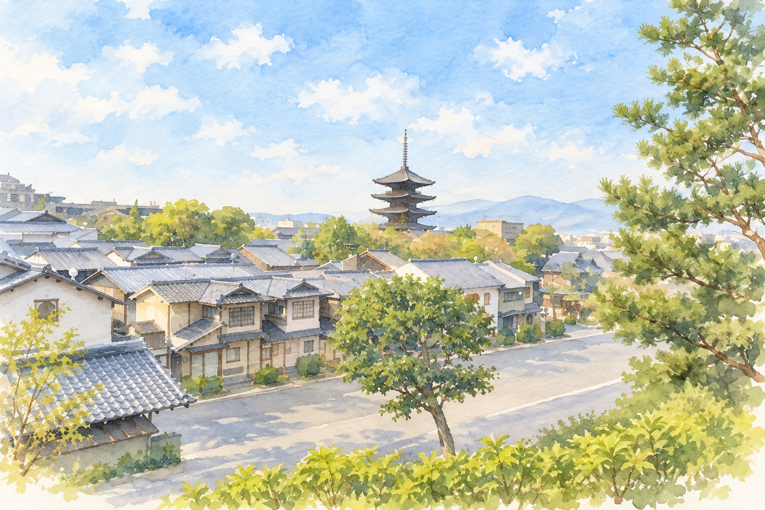 京都・東山の瓦屋根の町並みと五重塔を描いた水彩画