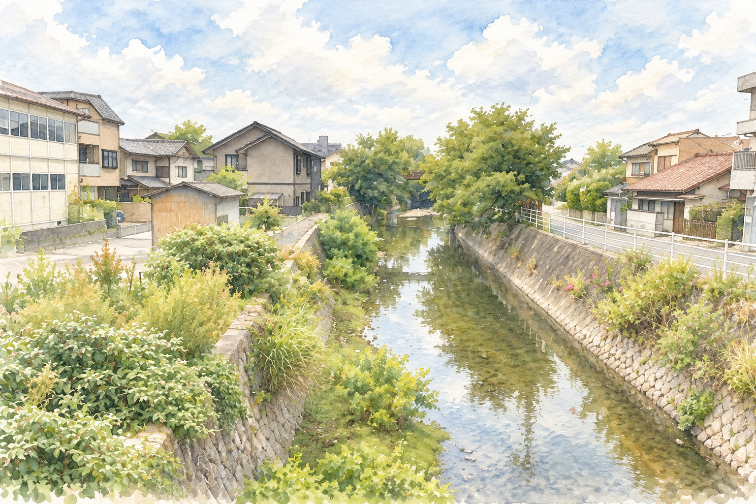 住宅街を流れる細い川を、橋の上から見た水彩画