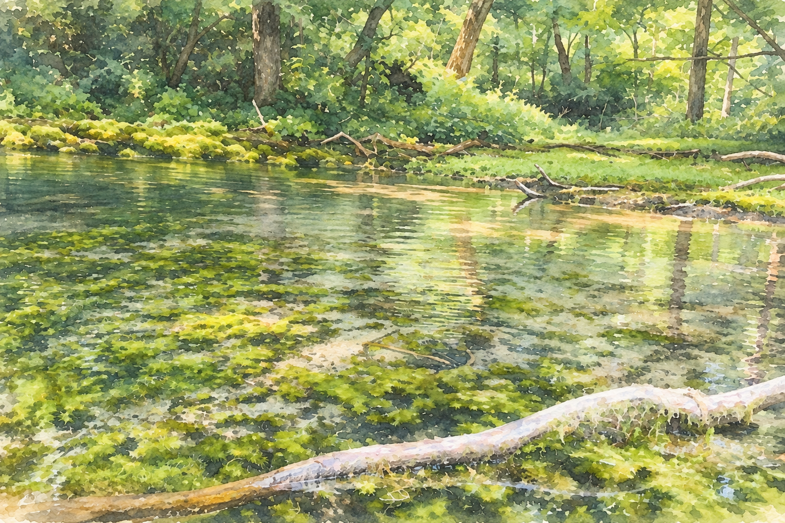 水草が茂る澄んだ川と、対岸の雑木林を描いた水彩画