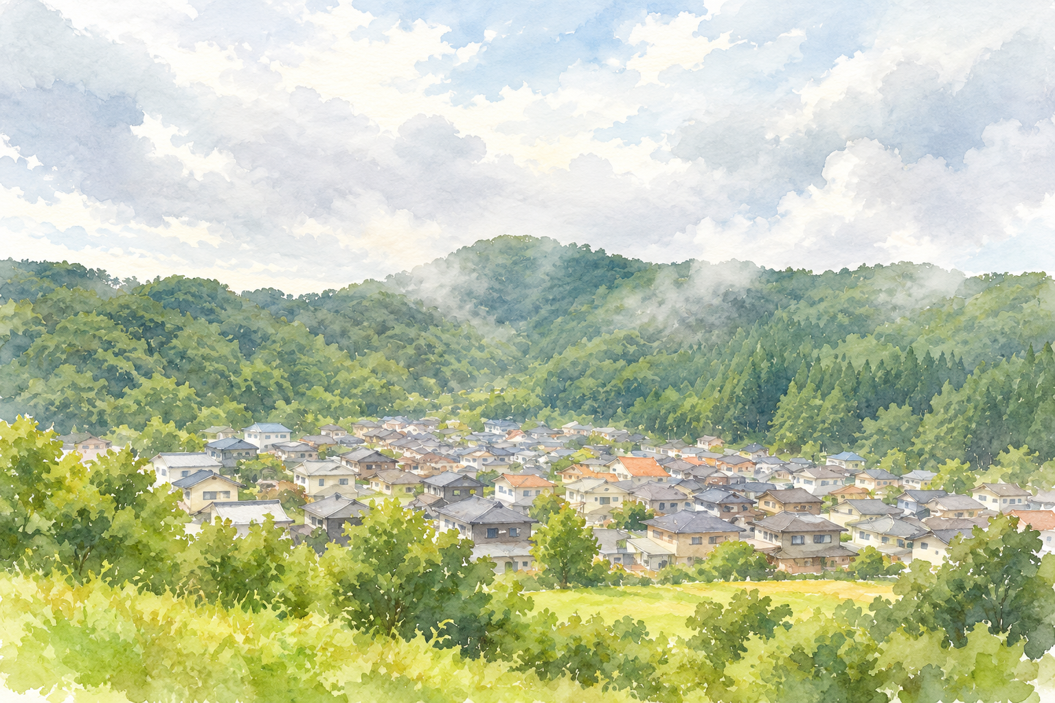 緑の山のすそに住宅の屋根が連なる山あいの町を描いた水彩画