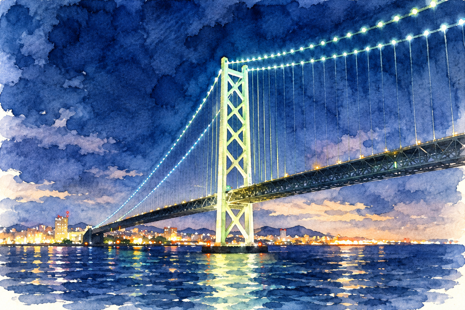 ライトアップされた夜の明石海峡大橋と海を描いた水彩画