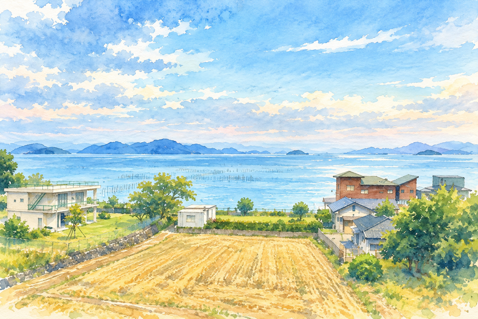 高台から見おろした、畑の向こうに海と島々が広がる町を描いた水彩画