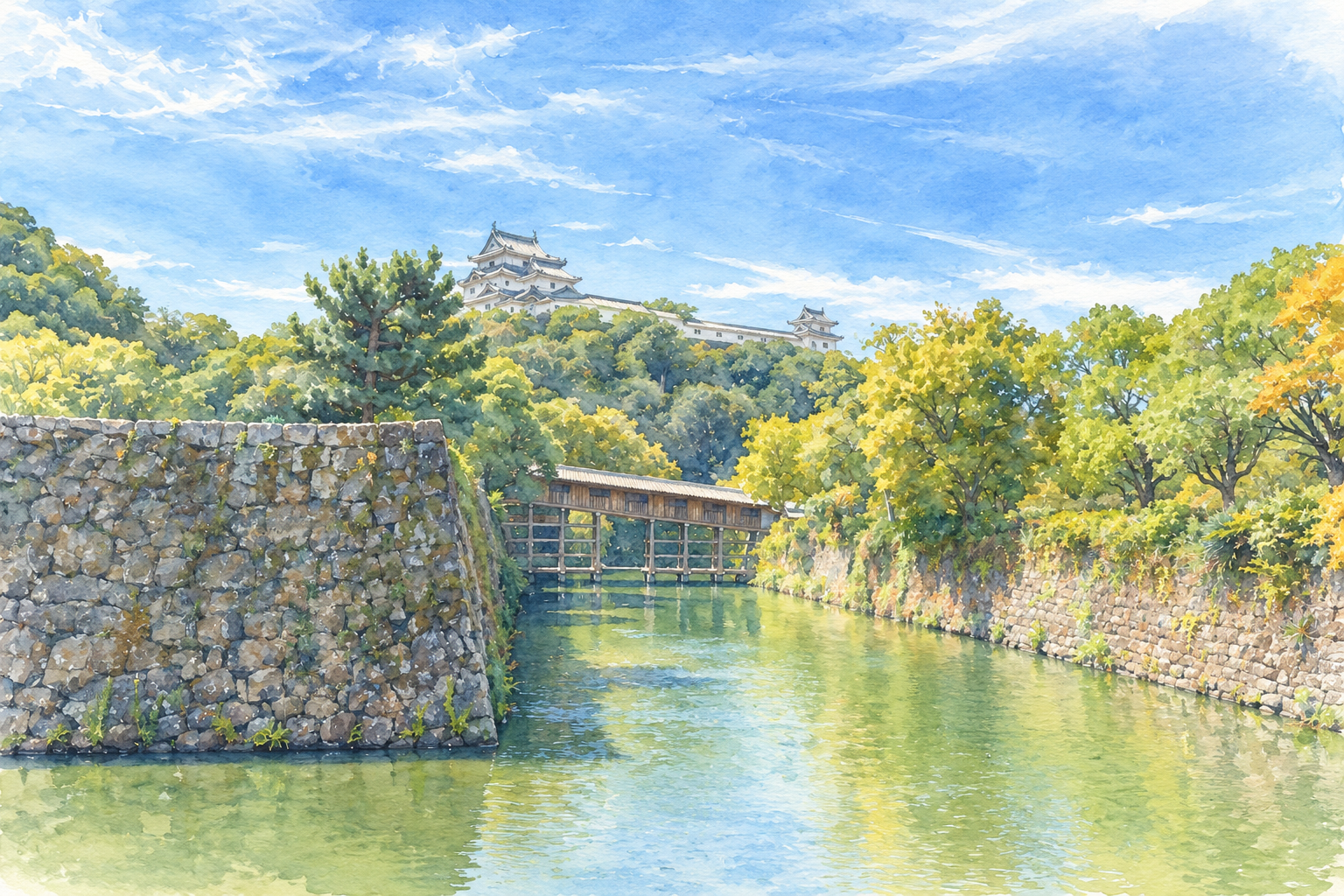 和歌山城の天守と御橋廊下、手前に石垣とお堀を描いた水彩画