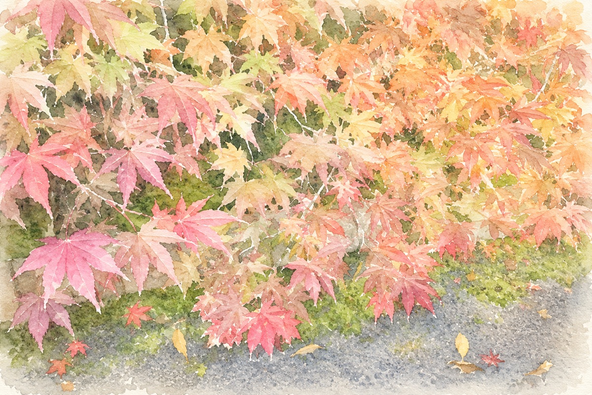 苔の上に垂れた紅葉を描いた水彩画