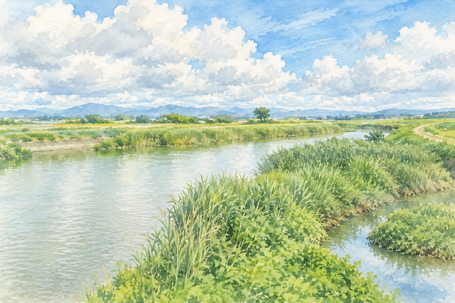 青空と白い雲の下、ヨシと緑の中州が広がる河口近くの湿地の水彩画