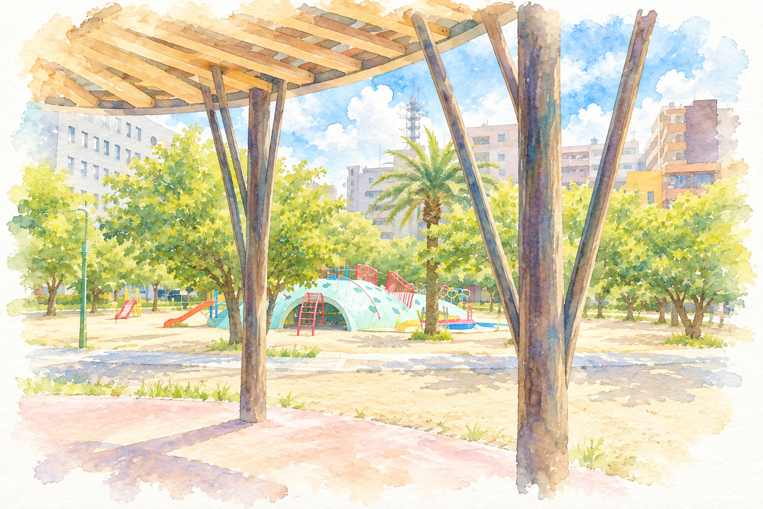 あずまやの下から見た、夏の終わりの公園の遊び場を描いた水彩画
